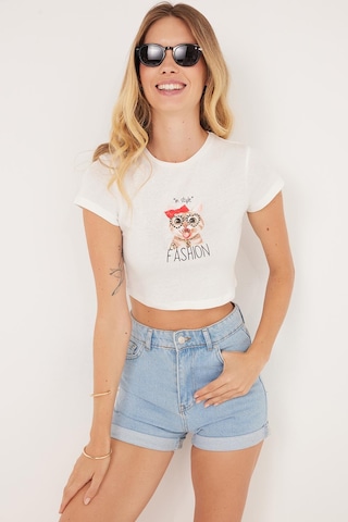 Tudors Kadın Slim Fit Dar Kesim %100 Pamuk Bisiklet Yaka Baskılı Beyaz Crop Tişört-36867 Beyaz