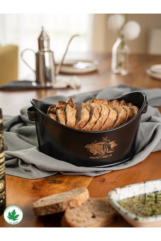 Metal Kayık Ekmeklik, Gondol Ekmeklik, Ekmek Sepeti, Sunumluk Fresh Bread Baskılı - Siyah