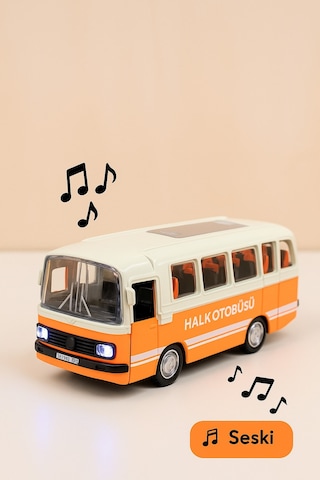Nostaljik Halk Otobüsü 11 Cm Pilli Sesli Işıklı Kapısı Açılır Yumuşak Tekerlekli - Turuncu