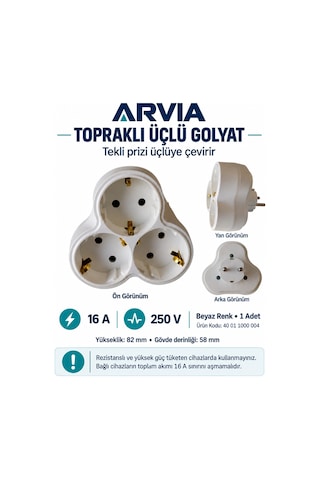 Arvia Topraklı Üçlü Golyat Beyaz 3lü Yonca Fiş Priz 16 Amper 220 Volt Ip20