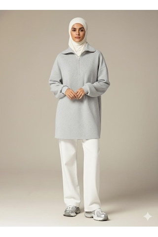 Afri 3 İplik Şardonlu Gri Oversize Fermuarlı Tunik Sweatshirt - Günlük Spor Elbise Gri