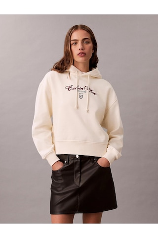 Calvin Klein Uzun Kollu Kısa Grafikli Kapüşonlu Kadın Beyaz Sweatshirt Lv047e208g-yat-12760 Beyaz