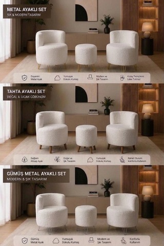 Peluş Puf Metal Gümüş Ayak - Dekoratif Puf Koltuk - Yuvarlak Makyaj Sandalyesi Beyaz