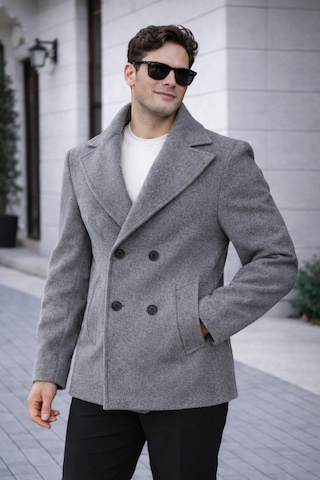 Erkek Casual Kruvaze Midi Boy Kaşe Kaban - Modern Kesim O. Gri Kaşe