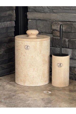 Yeni Traverten Doğaltaş Kendinden Kulplu 2 Li Banyo Takımı Büyük Çöp Kovalı 26x20 Beyaz