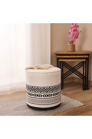 Just Home Ethnic Puf - Beyaz / Siyah - 41x39x39 Cm Beyaz / Siyah