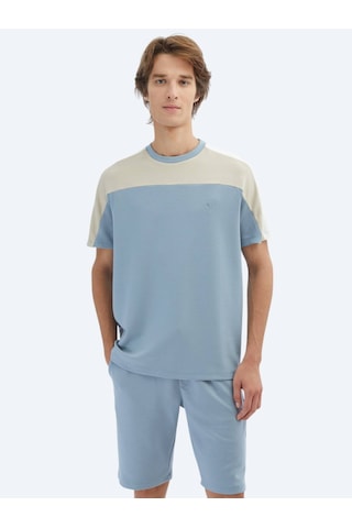 Kip Mavi Düz Bisiklet Yaka T-shirt Mavi