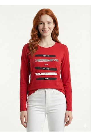 Neden Tekstil Kadın Kırmızı Uzun Kollu Baskılı Basic T-shirt