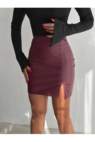 Kadın Yüksel Bel Yırtmaç Detay Mini Deri Etek Bordo