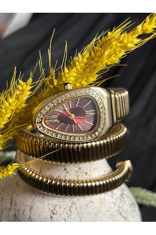 Yafani Gold Gümüş Yılan Model Kadın Saati Bordo