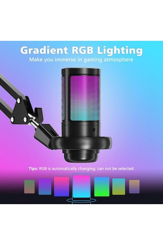 Profesyonel Rgb Oyuncu Mikrofonu, Pürüzsüz Net Ses Performanslı Otomatik Değişen Rgb Işıklı Akrobat Ayarlanabil