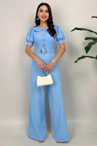 Firenze Kadın Mavi Düğmeli Kemer Detaylı Bol Paça Tulum Zarif Akşam Şıklığı Mavi