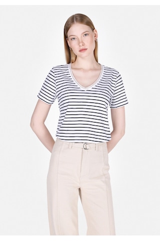 Colins Regular Fit V Yaka Çizgili Kadın Lacivert Kısa Kol Tişört Cl1073551 Q1.v2 Nav Lacivert