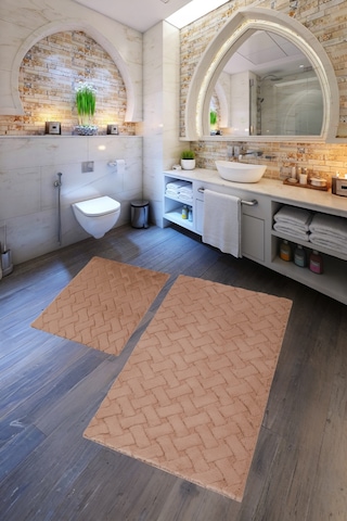 Desenli Tavşan Tüyü Yumuşak 2 Li Banyo Paspası Kaymaz Tabanlı Klozet Takımı Camel Camel
