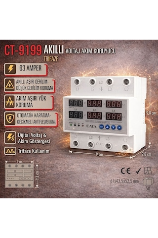 Cata Trifaze Ct-9199 63a Akıllı Voltaj Akım Koruyucu