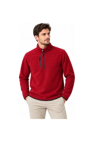 Defymoda Erkek Polar Dik Yaka Yarım Fermuarlı Fermuarlı Göğüs Cepli Regular Fit Kışlık Sweatshirt - Bordo