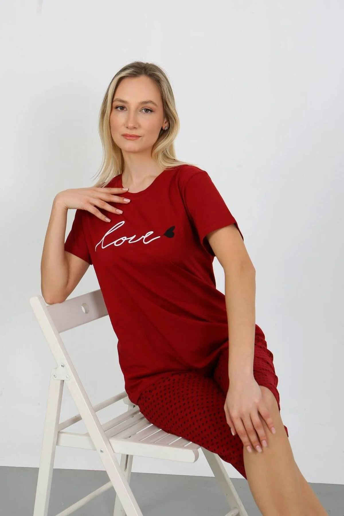 Shopshop Ss Kadın Bordo %100 Pamuk Love Baskılı Yazlık Kısa Kol Cepli Kapri Bermuda Pijama Takımı