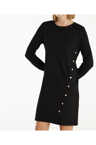 Yargıcı Düğme Detaylı Uzun Kollu Bisiklet Yaka Kısa Elbise Siyah