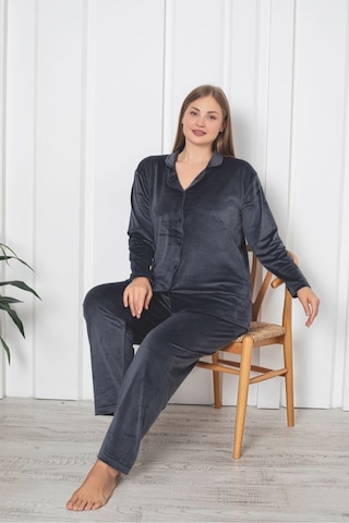 Büyük Beden Boydan Düğmeli Kadife Pijama Takımı Antrasit
