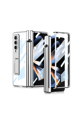 Samsung Uyumlu Galaxy Z Fold 4 Kılıf Zore Kıpta Standlı Kalem Bölmeli Kapak Gümüş