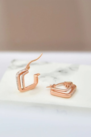 İstanbul Takı 925 Ayar Gümüş Rose Kaplama Çift Kare Halka Baget Taşlı Tamtur Küpe