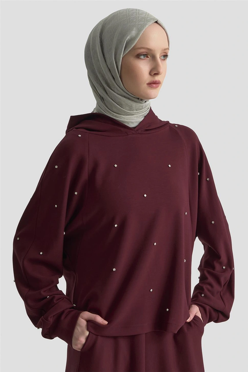 Armine Taşlı Kapüşonlu Sweat 25kd4031 Mürdüm Mürdüm