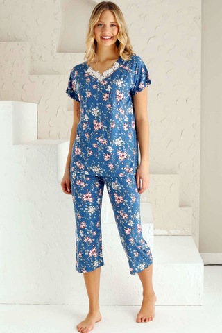 Alimer Kadın İndigo Dantelli V Yaka Bermuda Pijama Takım Edy2735i İndigo