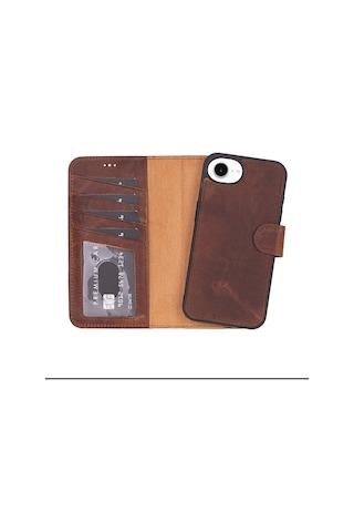 İphone 16e Uyumlu, Hakiki Deri, El Yapımı, Cüzdanlı Kılıf, Antik Kahve Kahverengi