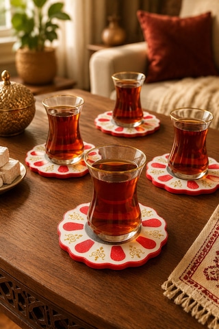 Geleneksel Türk Çay Tabağı Motifli 4 Lü Bardak Altlığı Seti Standlı - Dekoratif Bardak Altlığı - Kırmızı Set Diğer