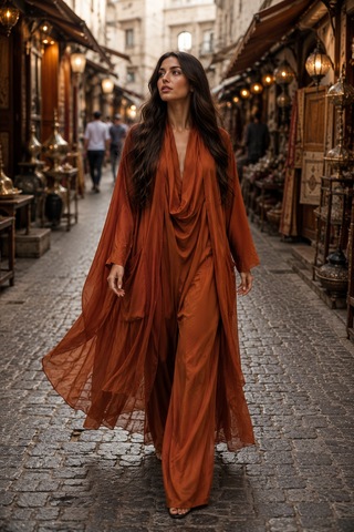 Bohem Stil Italyan Ipek Detaylı Oversize Kap Bluz- Wes Pantolon Takım Kiremit
