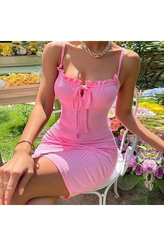 Hnxc Kadın Moda Yaz Bahar Düz Renk Baskı Kolsuz Kare Yaka Yüksek Bel Günlük Elbiseler Pembe