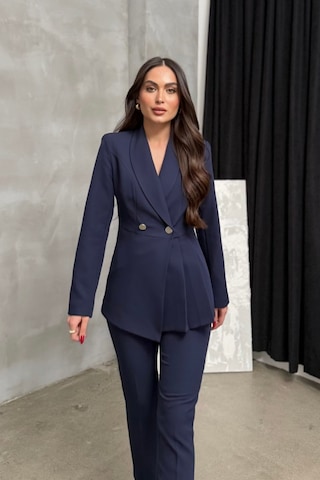 Msm Fashion Kadın İkili Blazer Ceket Pantolon Takım Pile Ve Düğme Detaylı Boru Paça Lacivert