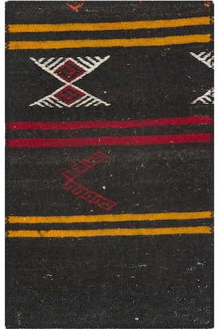 Siyah Sarı Kırımızı Çizgili El Dokuma Kilim Paspas