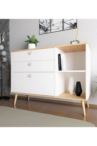 Floradesign Italy 120cm Şifonyer /çekmeceli Raflı Şifonyer / Çok Amaçlı Dolap/ Konsol Meşe/beyaz