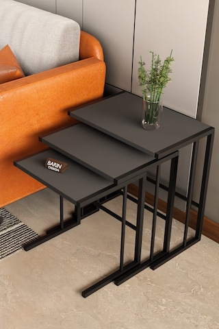 C Zigon Sehpa 3'lü Modern Metal Yan Sehpa, Laptop Masası Ve Koltuk Yanı Kahve Sehpası Antrasit