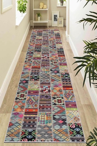 Makinede Yıkanabilir Kaymaz Tabanlı Patchwork Rulo Yolluk Halı Ar980, Çok Renkli, 100 X 350
