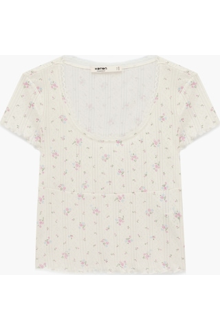 Koton Pamuklu Yuvarlak Yaka Kısa Kollu Çiçek Desenli Pijama Üstü Ekru Desenli 6slk40180mk