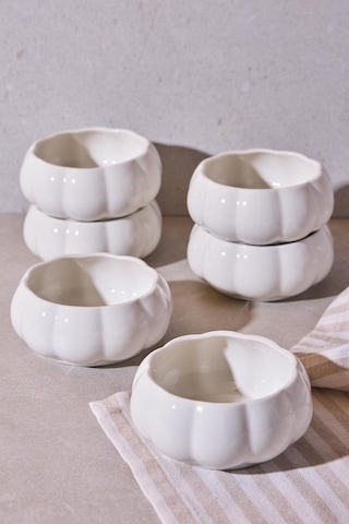 Pumpkin Porselen 6'lı Kase Seti Dekoratif Ergonomik Çok Amaçlı Meze Ve Sunum Kaseleri Beyaz Beyaz