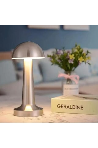 Ollevra Mantar Model Silver Renk Şarjlı Dokunmatik 3 Renkli Led Masa Lambası Gri