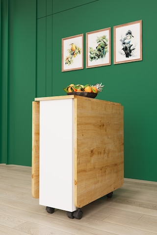 Asra Trend KM-13 %100 MDF 155x70 cm Katlanır Akıllı Mutfak Masası Tekerlekli Servis Masası Beyaz Safir Meşe