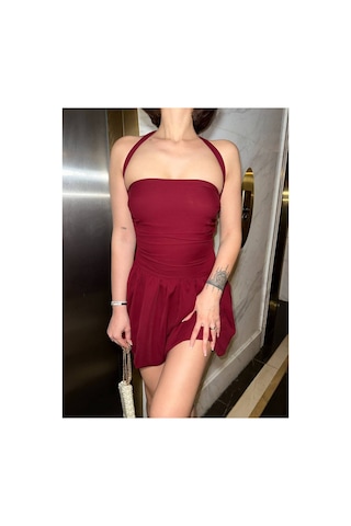 J&kstores Sırt Dekolteli Boyun Bağlamalı Stella Şortlu Mini Elbise Bordo