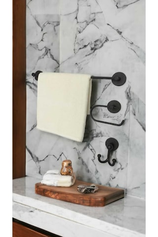 Banyo Aksesuar Seti, Siyah, Düz Havluluk, K. Tuvalet Kağıtlığı, Bornozluk - Mat Siyah Siyah