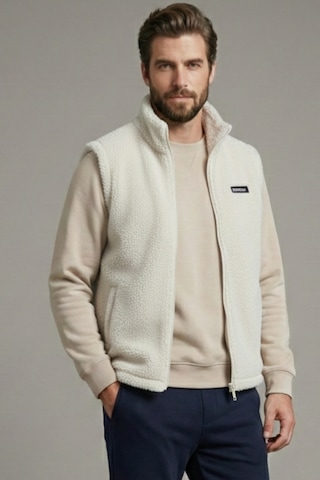 Genius Store Genıus Store Erkek Yelek İçi Şardonlu Sherpa Peluş Yelek Tam Fermuarlı Cepli Kuzu Outdoor Yelek Ekru