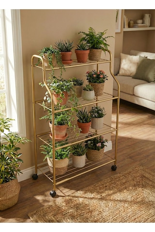 Modern Gold 4 Katlı Tekerlekli Metal Çiçeklik Standı: Çok Amaçlı Mutfak,kitaplık&dekoratif Lüks Stand