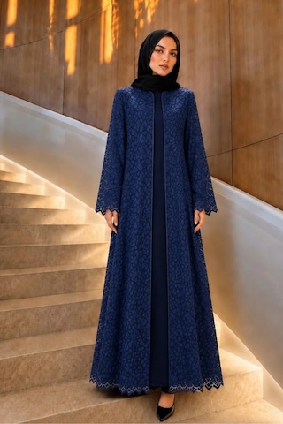 Nazzain Lacivert Dantel İşlemeli Abaya Takımı Çok Renkli
