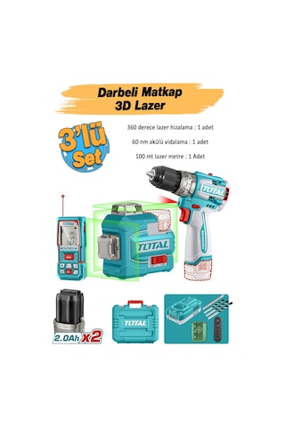 Total TOSLI250101E Avantaj 3'lü Set Darbeli Matkap 16V + Kablosuz 3D Lazer 100 Metre Hizalama Ölçme