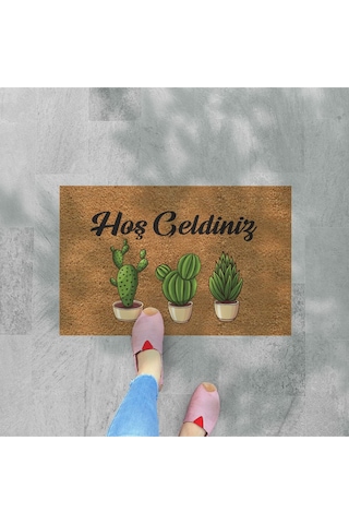 Renkli Kaktüsler Temalı Coco Görünümlü Dekoratif Kapı Önü Ve Iç Mekan Paspası Yıkanabilir Nem Alıcı Düz