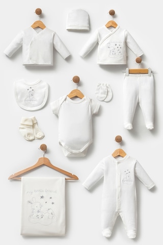 Sevimli Buluttaki Tavşan Desenli 10 Parça Kutulu Yenidoğan Hastane Çıkışı Zıbın Seti Ekru