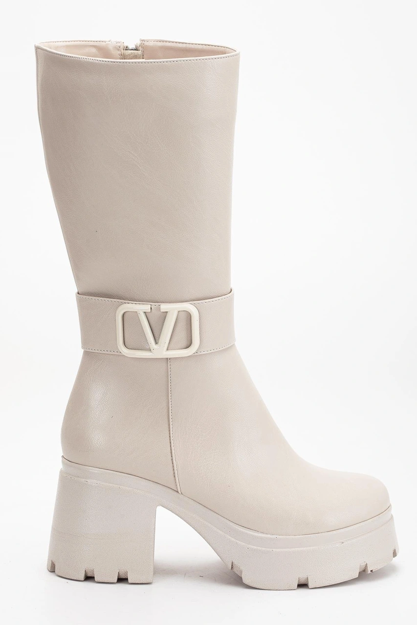 Bej Kadın Platform Topuklu Çizme Diz Altı Suni Deri Kemer Tokalı-4270 Bej