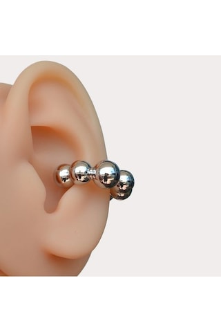 Bombeli Topçuklu Earcuff Kıkırdak Küpe Büyük Boy Silver Renkli